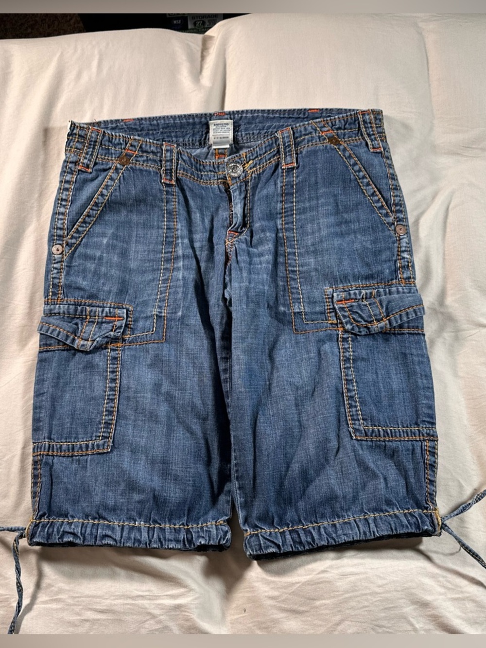 True Religion Cargo Big T Denim Jean Shorts Retro Y2K Baggy Thick Stitching 31